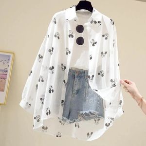 Women’s Mickey Mouse print sheer white button up top